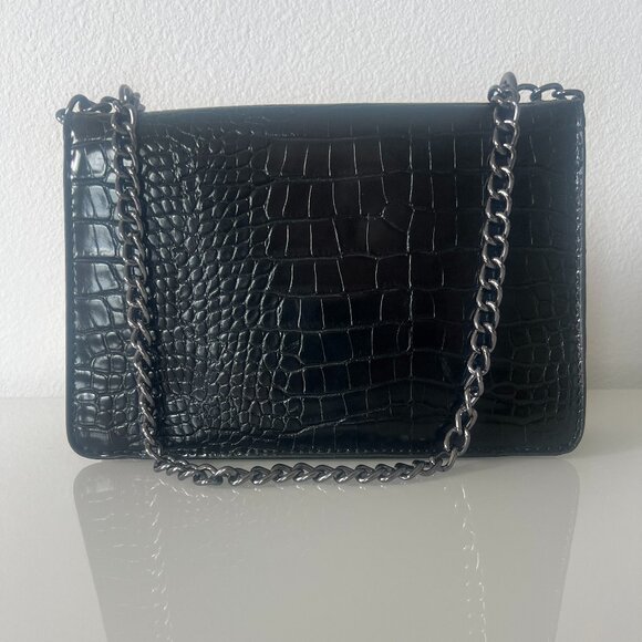Crocodile Faux Leather Black Crossbody Shoulder Bag - Picture 4 of 6